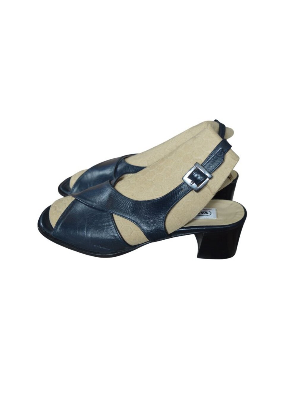 Vintage Valle Verde Elle Navy Blue Leather Sling Back Sandals Women's Size 6